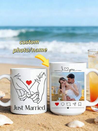 1Pc Custom Photo Name Mug – Personalized Hand-Heart Line Art Couple Design, 2-Sided Coffee Cup, Custom Mug, Valentine's Day Gift, Perfect For Newlywed, Wedding Keepsake, Engagement Gift, Anniversary, Coffee & Tea Time, Daily Use, Special Occasions