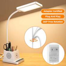 Lámpara LED de Escritorio con 3 Puertos USB, 2 Salidas CA, 3 Modos de Color, 3 Niveles de Brillo, Función Táctil/Memoria/Temporizador, Plegable, para Oficina - cargador inalámbrico/cuello de cisne blanco - Ver 5