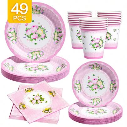 Pink Lace Flower Disposable Plate, Napkin, Cup Set, Plates, Napkins And Cups Party Supplies, Serves 8 Guests, Disposable Paper Plates Party Tableware Suitable For Birthday, Wedding, Theme Party, Family Picnic