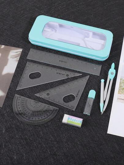 7件套绘图尺套装，包含尺子、橡皮擦及其他工具，创意金属盒设计，日常测量和绘图工具，学习必备文具