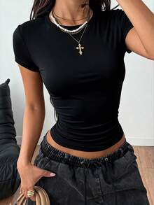 女士夏季新款休闲修身百搭圆领短款T恤，时尚日常穿着，适合日常和度假穿着，黑色 - 黑色 - 查看 6