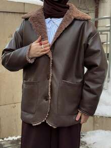 Livesso 保暖内衬宽松拼接长袖翻领口袋休闲街头风女式常规夹克，秋冬女式外套 - 棕色 - 查看 1