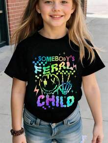 Fashionable Girls' Round Neck Short Sleeve Letter Print T-Shirt, Colorful Spring/Summer Style - Black - View 1