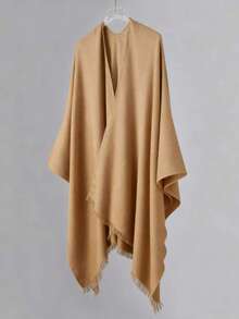 1pc Spring New High-End Solid Color Oversized Shawl Collar Poncho Cardigan For Men, European & American Style Loose Tassel Cloak, Versatile Warm Outerwear Scarf 2-In-1, Ins - Multicolor - View 4
