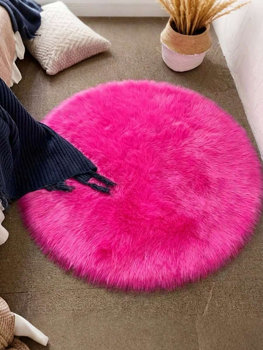 1pc Soft & Fluffy Pink Faux Fur Round Carpet, Comfortable For Bedroom, Living Room, Study, Office, Entryway As Decorative Floor Mat, Washable Non-Slip, Cute Rug Suitable For Indoor Year-Round Home Decor - Hot Pink - View 1