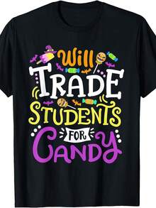 Talla grande - Talla grande, Camiseta de profesor divertida "Cambiaré caramelos" - Talla extra grande 0XL-5XL Disfraz de Halloween y ropa casual de profesor con símbolo, camiseta de cuello redondo suave de manga corta adecuada para fiestas y eventos de Halloween - Negro - Ver 7