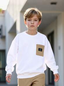 男童春秋季圆领卫衣和休闲口袋裤套装（2件套），白色上衣搭配运动裤，时尚装扮 - 卡其色 - 查看 5