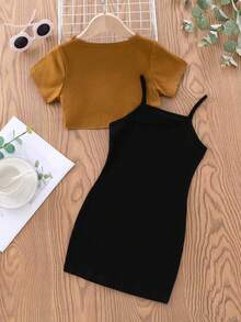 少女爱心印花短袖T恤和吊带裙休闲套装 - 黃色 - 查看 2