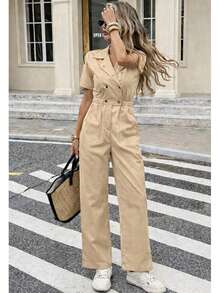 Palazzo elegante o uso casual liso para mujer tela fresca y lisa de moda con solapa y textura agradable - Caqui - Ver 3