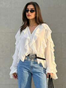 Women's Long Sleeve Chiffon Blouse, Button Ruffle Hem Elegant Solid Color Long Sleeve Formal Shirt, Loose Casual Summer Vacation Top, Bohemian Style, Loose Fashion Blouse White Spring - White - View 3
