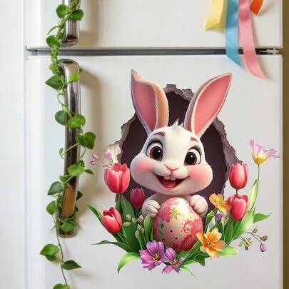 1/4 件装复活节兔子、彩蛋和花卉墙贴，可移除自粘 PVC 防水，适用于浴室、橱柜、冰箱、家居装饰，也可作为复活节派对礼物。