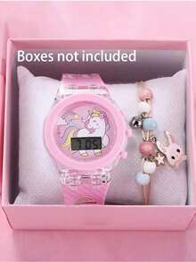 Luminous Watch + Cute Macaron Color Silicone Watch + Delicate Bracelet Combo Set, Suitable For Birthday, Halloween, Vacation Gifts, - Pink - View 6