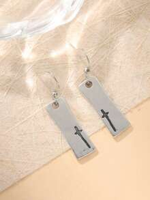 哥特式十字架雕刻方形吊坠耳环，手工饰品，女士饰品，适合旅行和度假佩戴，朋友生日礼物 - 復古銀色 - 查看 2