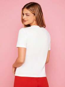 Heart-Shaped Sequined Crew Neck T-Shirt, Plain Cotton Tee For Adult, Men, Women, Teen, Teenager, Adolescent, Youth - 白色 - 查看 2