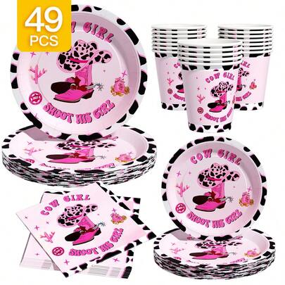 Sweet & Cool Western Cowgirl Disposable Plate, Napkin, Cup Set, Plates, Napkins And Cups Party Supplies, Serves 8 Guests, Disposable Paper Plates Party Tableware Suitable For Birthday, Wedding, Theme Party, Family Picnic