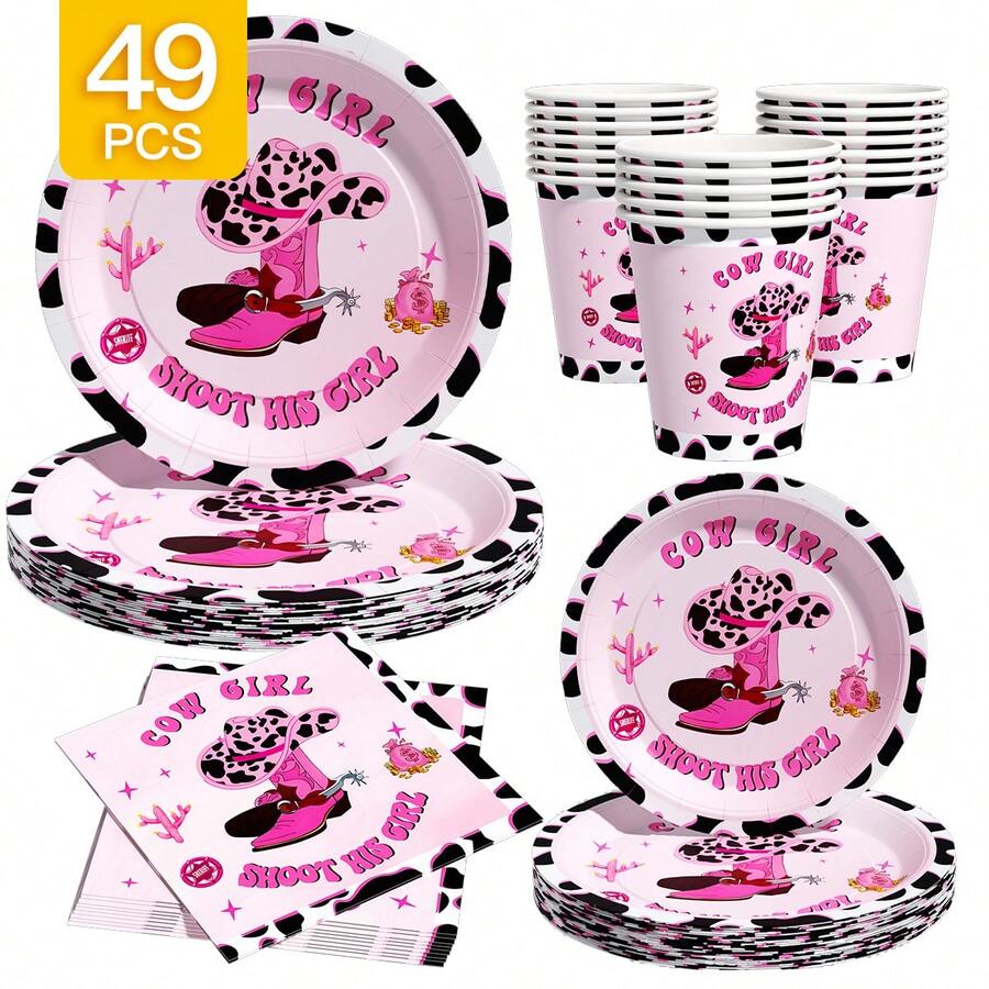 Sweet & Cool Western Cowgirl Disposable Plate, Napkin, Cup Set, Plates, Napkins And Cups Party Supplies, Serves 8 Guests, Disposable Paper Plates Party Tableware Suitable For Birthday, Wedding, Theme Party, Family Picnic - Multicolor - View 1