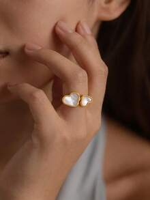 1枚天然珍珠母贝心形不锈钢18K镀金简约优雅百搭女士指节戒指 - 心形戒指 - 查看 5