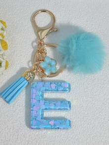 1pc Blue Heart Letter Keychain With Butterfly & Flower Decor, Women Bag Charm, Gift Keyring With Pom Pom Gifts For Mother, Father, Graduation, And Teacher - Baby Blue - View 7