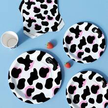 8pcs Pink Cow Print Disposable Tableware Set, Including Plates, Napkins And Cups, Party Supplies Suitable For Birthday, Wedding, Theme Party, Family Picnic - Multicolor - View 4