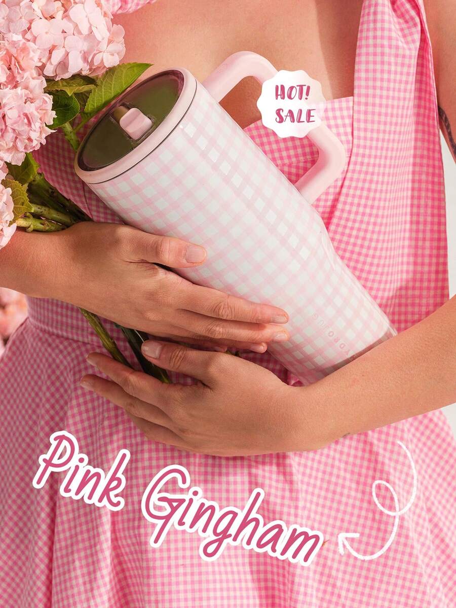 HYDROJUGs Traveler 40/1183 Ml Oz Pink Gingham Large Capacity Stainless Steel Water Bottle With Straw. Keep Pink By Your Side And Drink Plenty Of Water Today. With The Straw Down, Equipped With A Flip-Straw Lid For Smooth Sipping. It Is Very Suitable For Both Hot And Cold Drinks, Coffee, Tea, And Water. Perfect For Students And Office Workers, Sports, Outdoor Activities, Camping And Traveling. Gifts For Lovers, Girlfriends, Friends, Family Members, Sisters, Classmates, Students. Birthday Gift, Festival Gift. - 粉紅白格 - 查看 1