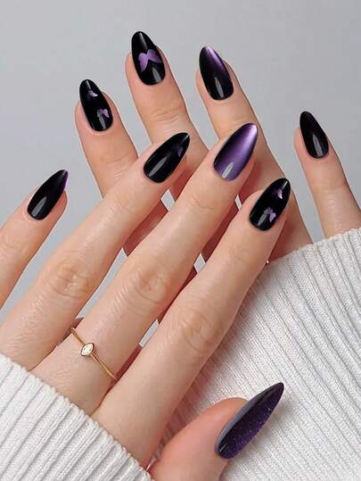 24pcs/Set Almond Cat Eye Nail Light Purple Butterfly Cat Eye Press-On Nails, Adding A Romantic Touch To Make You Look Sweeter, Nail Art Suitable For Ladies And Girls For Party, Date, And Daily Wear