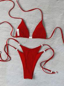 Polovedo Official New Arrival Spring/Summer Casual Elegant Sexy Solid Red Lace-Up Women Bikini Swimsuit, Beach Holiday Party Date Vacation - Red - View 3