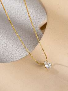 1pc Women's Necklace, Stainless Steel Water Drop Cubic Zirconia Pendant Necklace, Versatile Daily Wear Layering Accessory - Yellow Gold - View 4