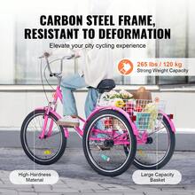 Folding Adult Tricycle, 26-Inch 7-Speed Adult Folding Trikes, Carbon Steel 3 Wheel Cruiser Bike With Basket & Adjustable Seat, Shopping Picnic Foldable Tricycles For Women, Men, Seniors (Pink) - 粉色 - 查看 6