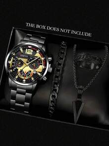 4pcs/Set Calendar Steel Band Men's Business Watches With Large Dial - Blue - View 7