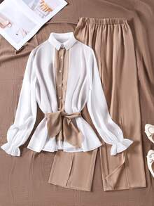 Teen Girls 2 In 1 Spring/Autumn Collared Shirt With Straight Leg Split Pants - Brown - View 3