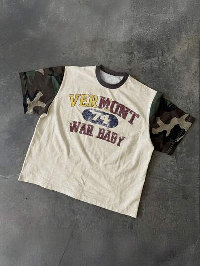 男士都市户外风T恤，撞色迷彩袖印花T恤，复古“VERMONT”字母印花上衣，复古街头服饰