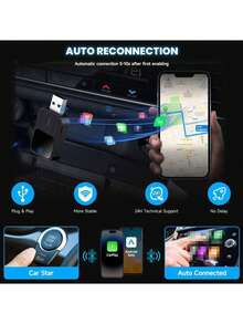 W&O Upgraded Wireless CarPlay Adapter, Compatible With IPhone CarPlay And Android Auto, Converts Wired To Wireless, Fast And Stable Connection, Compatible With IOS 10+/Android 11+, Dual Phone Connection, One-Key Switching, Quick Setup, Built-In Wi-Fi, USB/Type-C Port, Supports Music Streaming, Phone Calls, Navigation - No Battery, Smart Car Accessory, Essential For Driving - Black - View 9