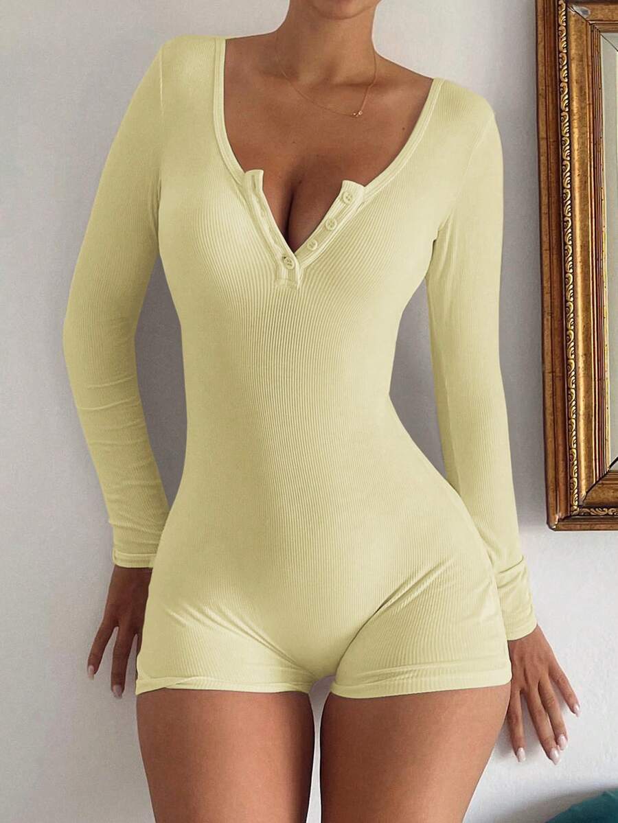 Bộ jumpsuit nữ Vaiaye cổ chữ V cài nút màu trơn tối giản - Jumpsuit ngắn tay dài ôm sát, phù hợp cho tập thể dục, thể thao ngoài trời gợi cảm đa năng, lễ tốt nghiệp, mùa tựu trường, jumpsuit dệt kim mùa thu/đông thanh lịch mùa xuân - Màu vàng - Xem 1