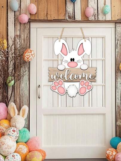 Easter Bunny Welcome Wooden Door Hanger, Cartoon Rabbit Holiday Door Sign, Easter Party Home Decor, Yard Entrance Decoration, Easter Party Hanging Ornament