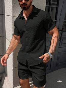 Two-Piece Set Consisting Of A Men's Short-Sleeved Shirt And Shorts, Featuring An Elegant Jacquard Pattern. This Men's Shirt And Trousers Set Is Perfect For Spring And Summer, Casual Holidays, And Makes An Ideal Gift For Family And Friends. - màu đen - Xem 4