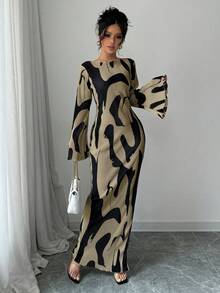 Vestido con estampado de patrones, diseño cruzado sin espalda y abertura lateral, elegante y de moda para mujeres,adecuado para uso diario y citas, se puede combinar con un abrigo. - Albaricoque - Ver 4