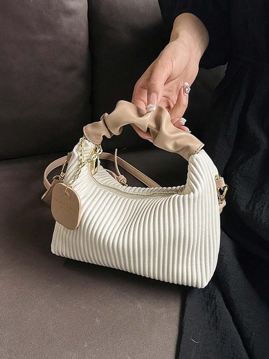 时尚迷你简约全套褶皱编织PU拉链手提包，迷你便携单肩包，适合女性，购物、约会、聚会、送礼皆宜。 - 白色 - 查看 1