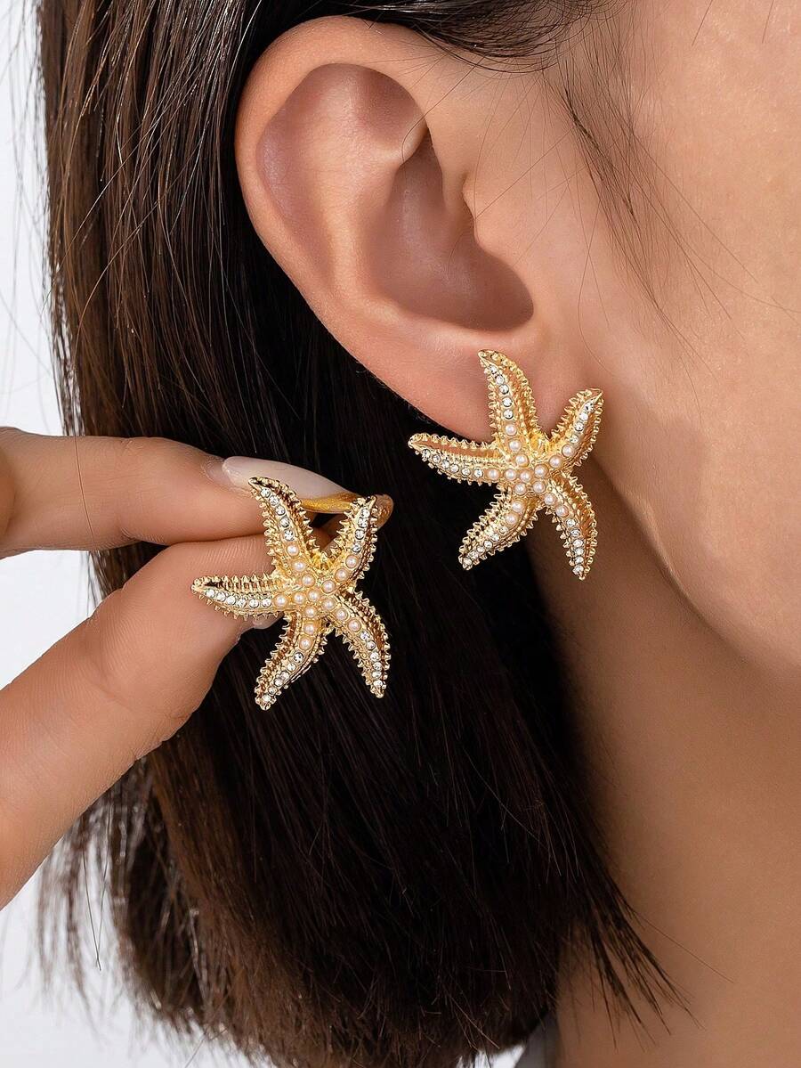 一对仿珍珠装饰海星耳环，夏季海滩风女士首饰 - 金色 - 查看 1