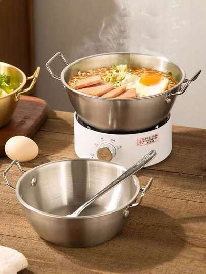 1pc Korean Style Stainless Steel 304 Single Serving Soup Pot, Dual Handles, Suitable For Noodles, Ramen, Induction Cooktop