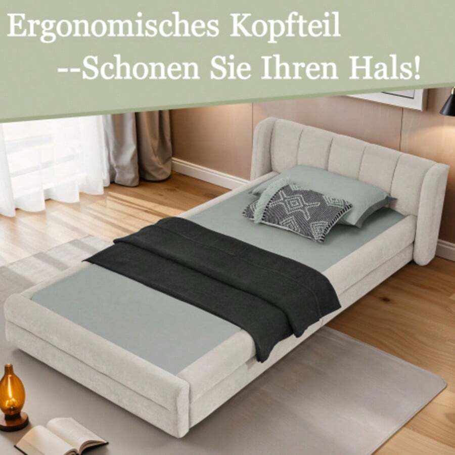 Einzelbett 90*200 Cm, High-Freundlicher Chenillestoff, Comfortable Rückenlehne, Also The Kinderbett Geeignet​, Beige (Ohne Matratze) - Beige - View 1