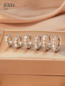 Hihho 6pcs Set Sparkling Zirconia Inlaid Circle Hoop Earrings, Charm Layered Or Standalone Wear, Women Jewelry Gift For Birthday, Date - Stacking Earrings - View 7