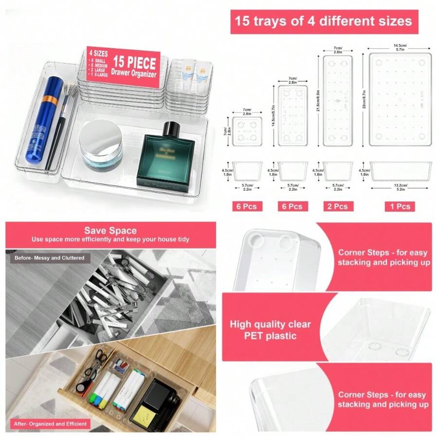Clear Plastic Drawer Organizer Set 15-Piece Multi-Size Storage Bins Stackable Trays For Bathroom Dresser Kitchen Desk Makeup Jewelry Utensils Organization - 1 - Xem 1