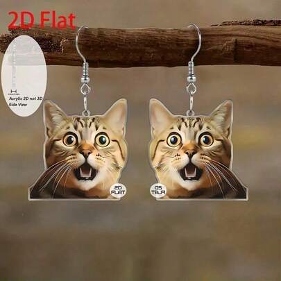 2D Flat Cat's Frightened Expression Close-Up Pendant Earrings, Fashionable Jewelry, Party Gifts, And Festival Presents For Family And Friends