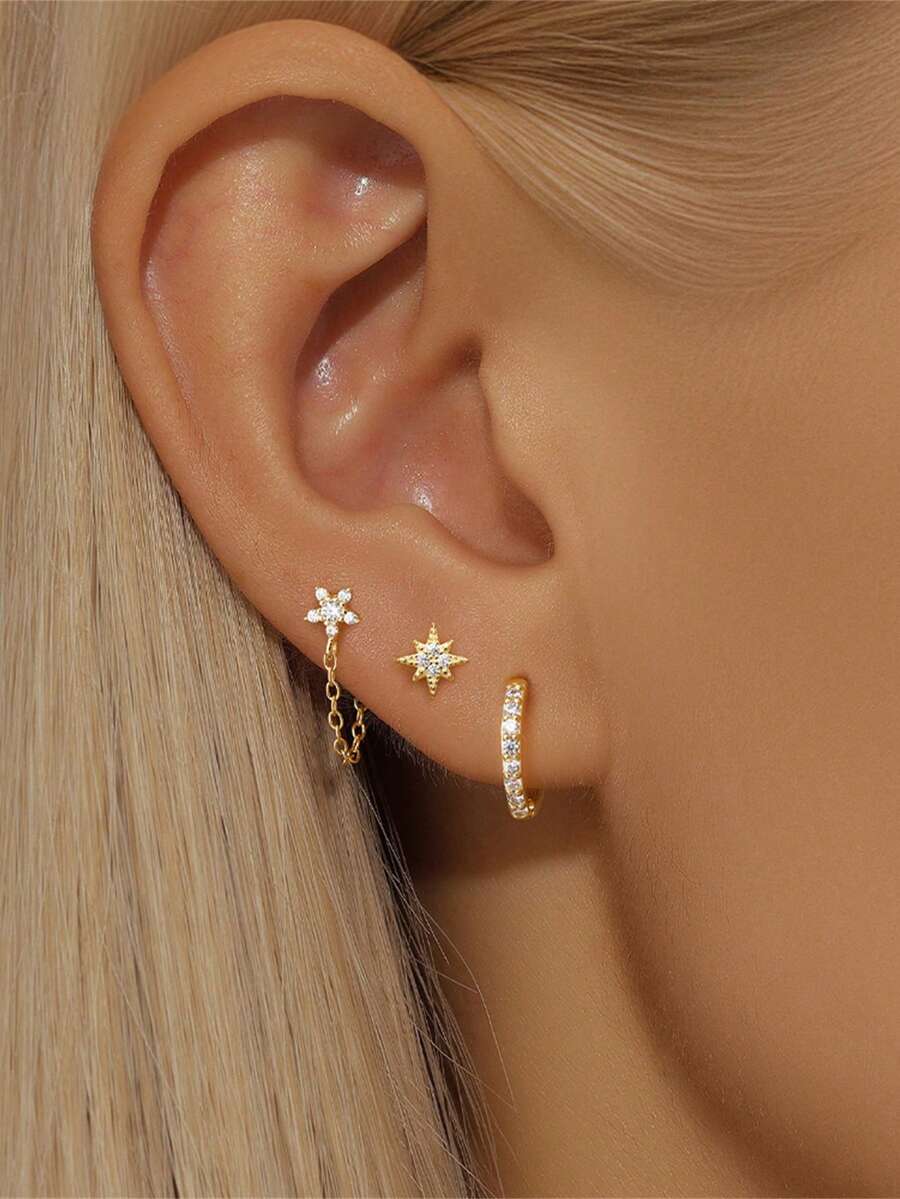 Pendientes colgantes de aro de plata de ley 925 para mujeres, pendientes de botón chapados en oro de 18K para mujeres, pendientes para cartílago hipoalergénicos para múltiples perforaciones, conjunto de joyas de pendientes pequeños y delicados apilables - Oro - Estrella 2 - Ver 1