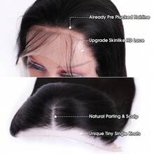 直发高清透明蕾丝前假发，真人发丝，13x4，无需胶水，巴西原生发际线，200%密度，预先拔毛，带婴儿发，黑色，24英寸 - Natural Black - 查看 6