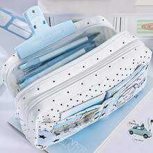 Ins 女孩爱心蓝色音乐波点小猫多层铅笔袋，返校季学生大容量铅笔文具袋收纳袋 - 音符筆袋 - 查看 6