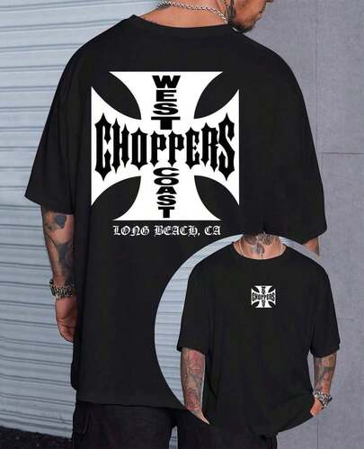 Playera para hombre, estampado de letras "Long Beach" y cross medieval, tacto transpirable y suave, corte oversize, diseño casual y versátil, perfecta para uso diario, ocio y reuniones informales.