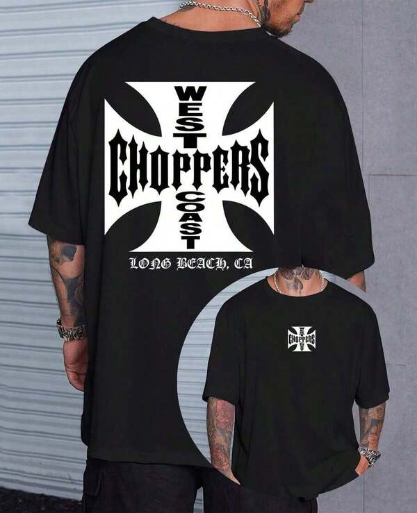 Playera para hombre, estampado de letras "Long Beach" y cross medieval, tacto transpirable y suave, corte oversize, diseño casual y versátil, perfecta para uso diario, ocio y reuniones informales.