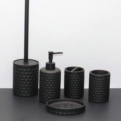 浴室配件套装，蜂窝纹理设计，浴室盥洗台套装包含洗手液瓶、乳液瓶、牙刷架、皂碟、马桶刷、垃圾桶，多功能套装，适用于样板房浴室装饰，解决各种浴室收纳问题。
