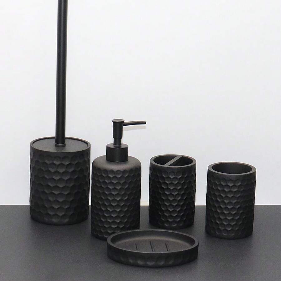Badezimmer Accessoire Set, Wabenmuster Design, Badezimmer Garnitur beinhaltet Seifenspender, Lotionsspender, Zahnbürstenhalter, Seifenschale, Toilettenbürste, Mülleimer, vielseitiges Set für Modelhaus Badezimmer Dekoration, löst verschiedene Badezimmer Aufbewahrungsprobleme - Schwarz - Übersicht 1
